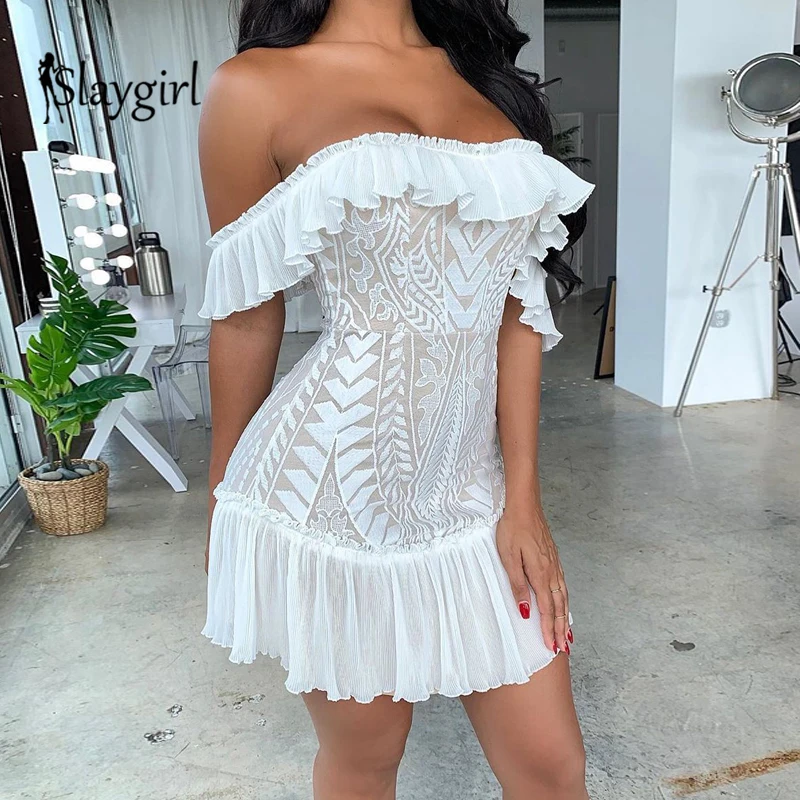Slaygirl облегающее платье с открытыми плечами и оборками, женские сексуальные вечерние мини платья с открытой спиной, Летнее белое Клубное платье, осень, Vestidos - Цвет: Белый