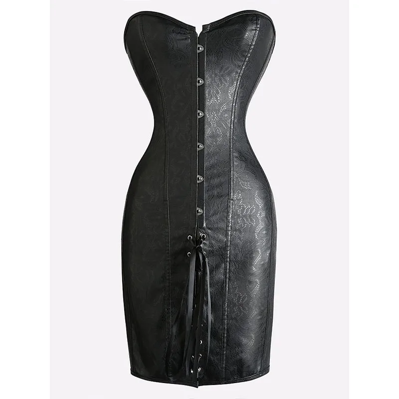 Women's Victorian Gothic Steampunk Corset Dress Lace Up Black PU Faux Leather Strapless Retro Overbust Bustier Corset Waist Slim (1)