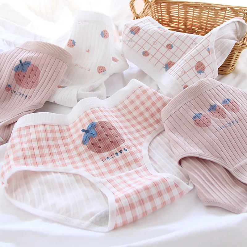 

5Pcs/1lot Kids Girls Cotton Briefs Strawberry Printed Striped Underwear 2021 New Teenage Girls Sweet Underwear Breathable S M L