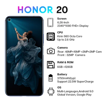 

Honor 20 Smartphone 6G+128G Global Version Octa Core 48MP Four Cameras 6.26'' Mobile Phone Super Fast Charge Google Play NFC