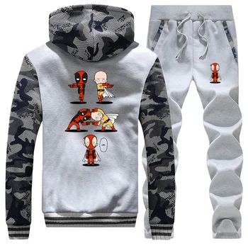 

one punch deadpool print men jacket+pants Suit Thick Warm Tracksuit sweatpants 2Pcs set Hooded Zipper Fleece Hoodies Casual coat