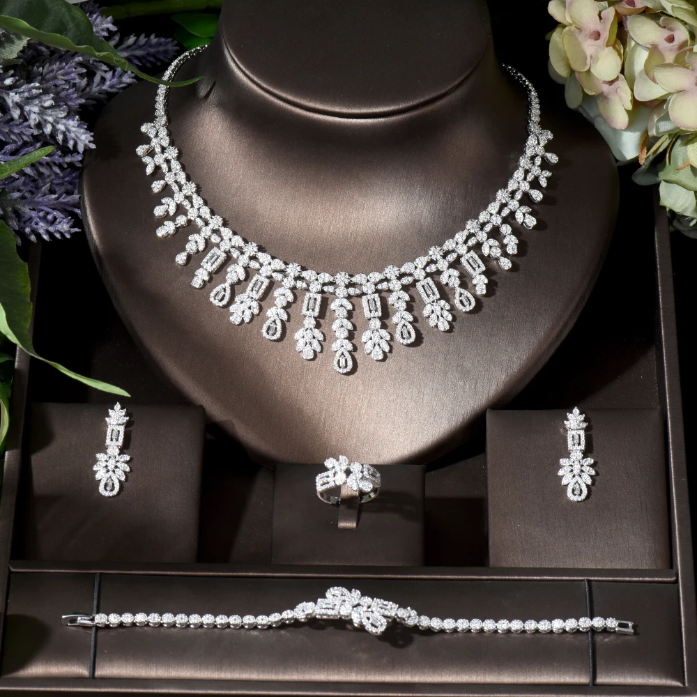 HIBRIDE Bridal Wedding Jewelry Sets Water Drop CZ Necklace Bracelet Earrings and Ring Set Women 4pcs Jewelry Bijoux Femme N-836 - Image 2
