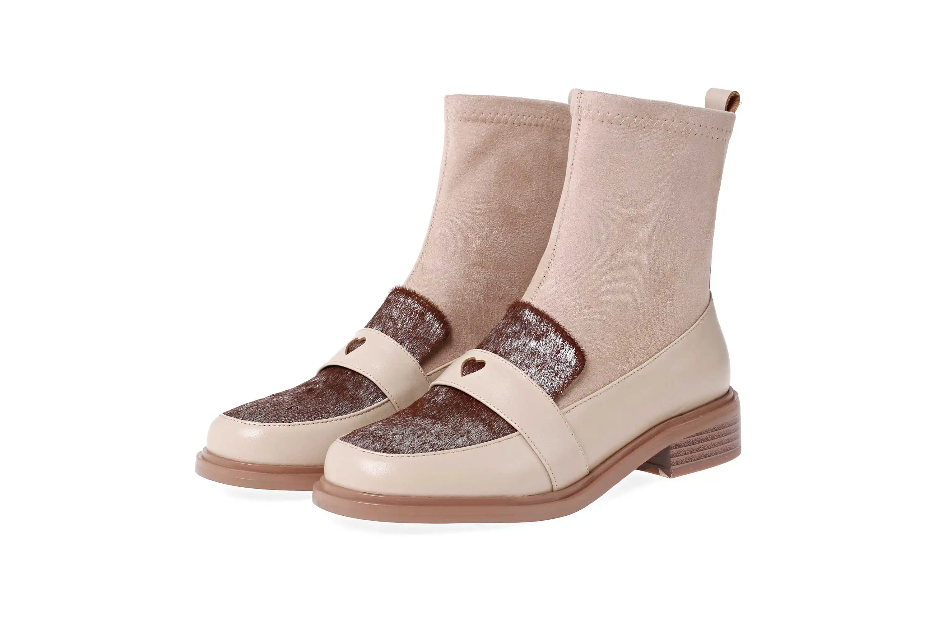 Krazing pot/растягивающиеся разноцветные ботинки из коровьей кожи и флока для отдыха; Модные женские зимние теплые ботильоны с круглым носком на среднем каблуке; L05 - Цвет: apricot