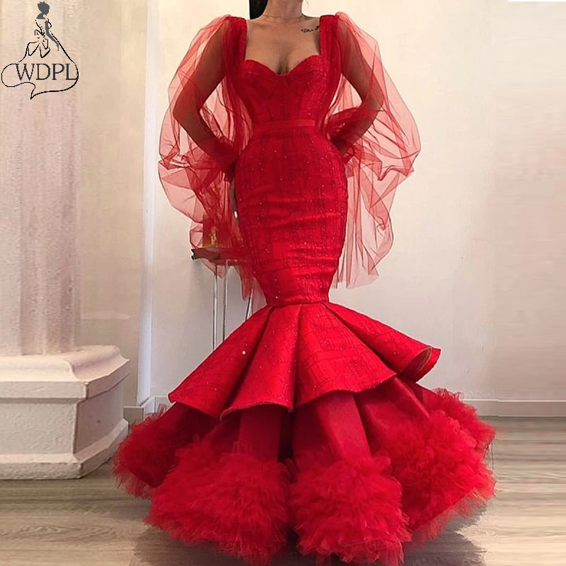 Шикарное красное русалка пышные платья для выпускного вечера тюлевый с длинными рукавами вечернее платье с рюшами и уникальные нарядные вечерние платья, платье на выход