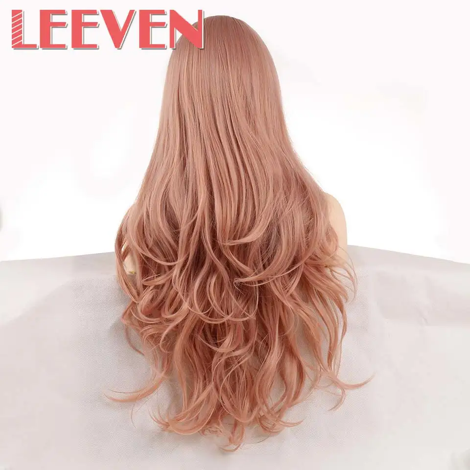 Розовый Leeven 24 ''Розовый Оранжевый Фиолетовый парик фронта шнурка медный красный длинные волнистые синтетические парики с детскими волосами 613 блонд имбирный парик - Цвет: Розовый