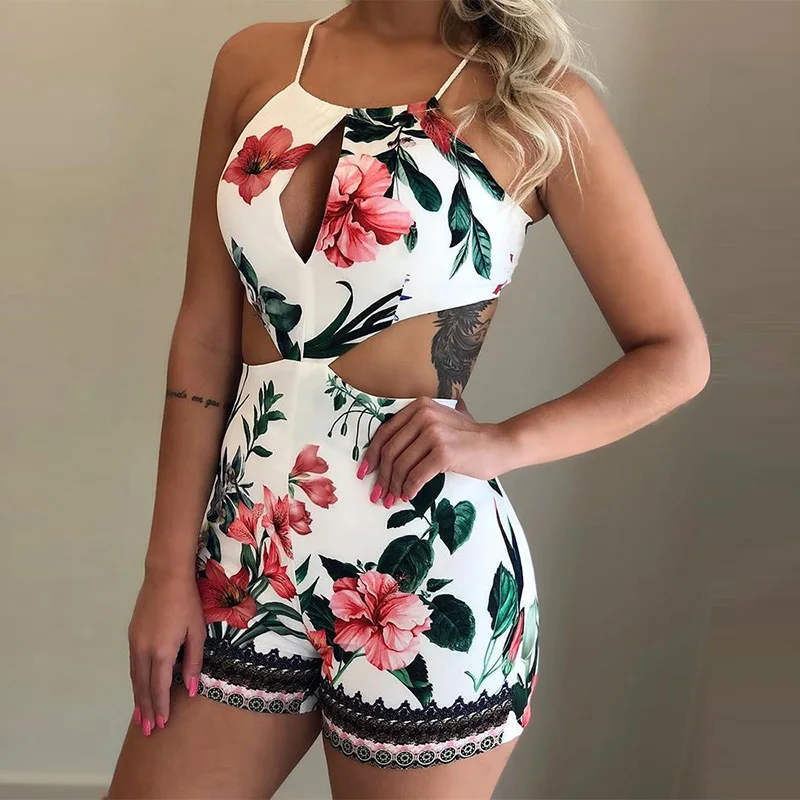 

Tropical Print Halter Cutout Romper Playsuits