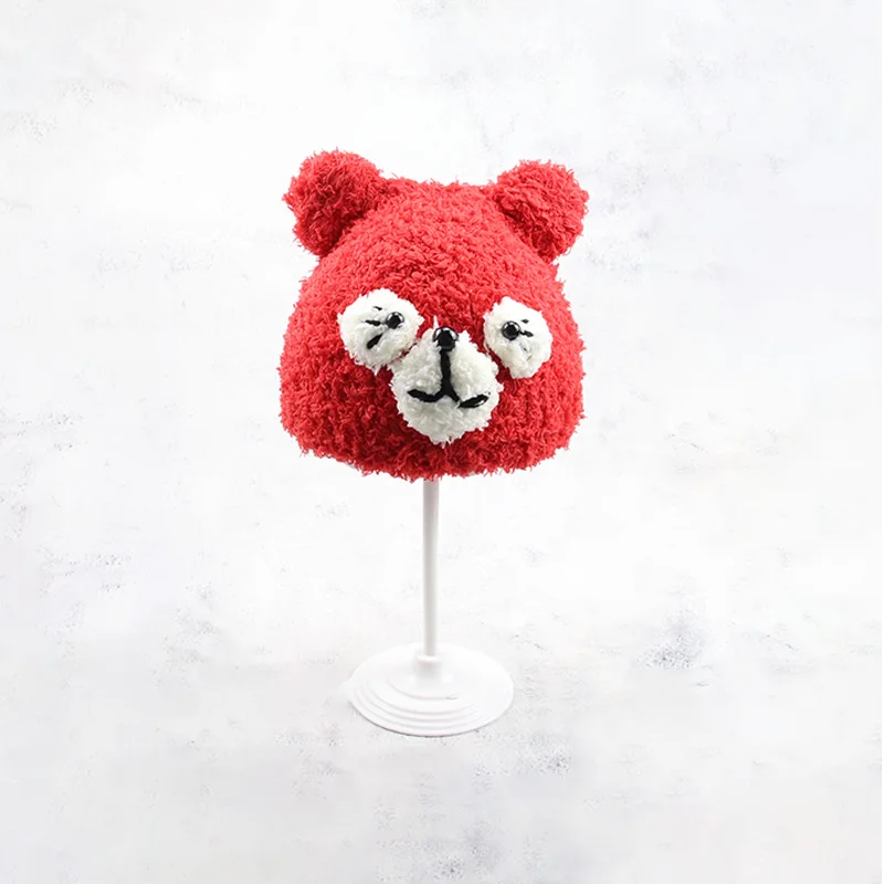 Детская Вязаная Мягкая шерстяная шапка для новорожденных, милая детская шляпа, шапочка для ребенка с медведем, теплая шапочка с изображением животных для маленьких девочек, шапочки ручной работы - Цвет: Red