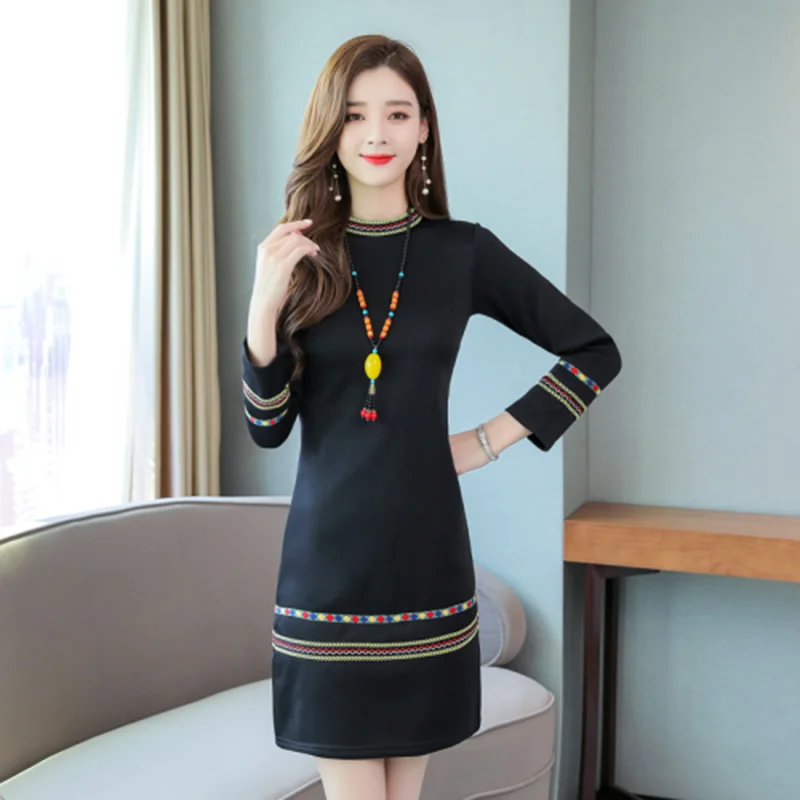 

Plus size Women 2019 Autumn Winter Dress Retro National Style Long Sleeve Slim Pencil dress Elegant Office Ladies Bodycon Dress