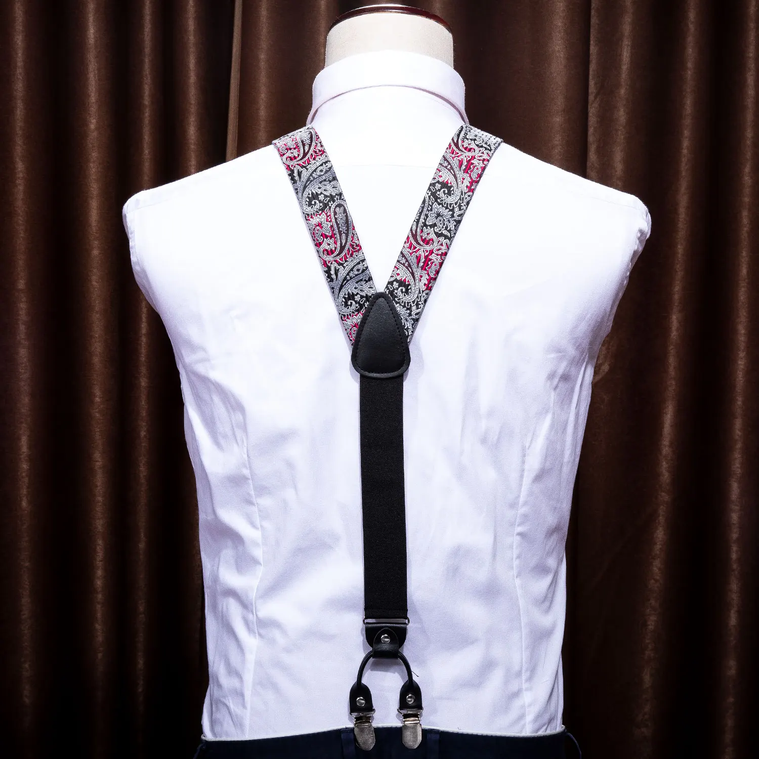 Barry.Wang Men Silk Suspender Set Y-shape Leather Brace 6 Clips Gray Floral Strap Vintage Elastic Suspender with Free Gift Belt