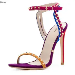 Olomm/Новые Модные женские босоножки пикантные босоножки на тонком высоком каблуке с заклепками Великолепная красная обувь для вечеринок с