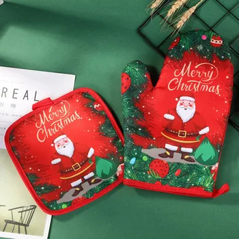 

Christmas Oven Mitts Kitchen Baking Antiscalding Gloves Potholder Pad Oven Microwave Insulation Mat Christmas Decoration Supply