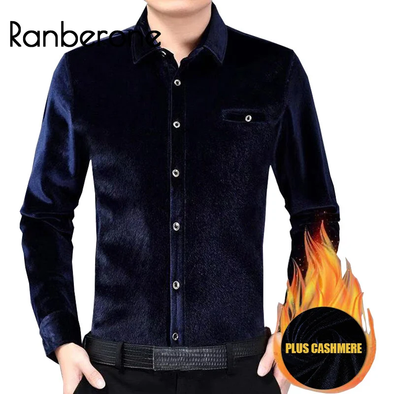 

Mens Plus Velvet Shirt Winter Warm Imitation Water Velvet Shirt Men Fashion Casual Retro Long Sleeve Slim Shirt Streetwear Men