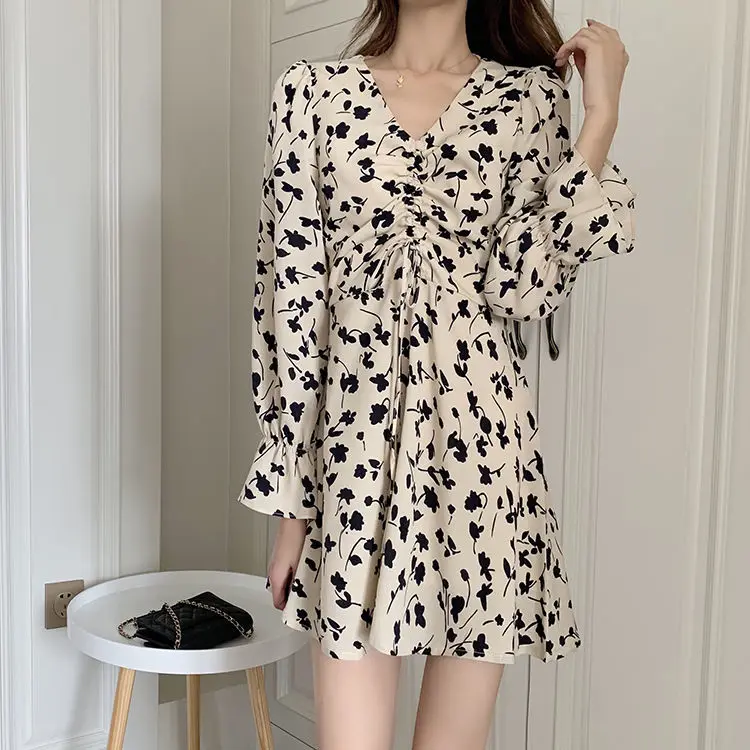 Long Sleeve Dress Women Floral Print Spring Basic Slim Temperament Lightweight V-neck Elegant Sweet Lady Dresses Apricot Classy summer dresses for women