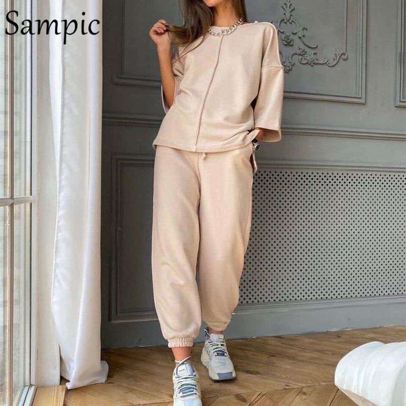 Sampic Tracksuit Women Sport Casual 2021 Summer Set Loose Khaki Short Sleeve Shirt Tops And Pants Bottom Suit Two Piece Set cute two piece sets