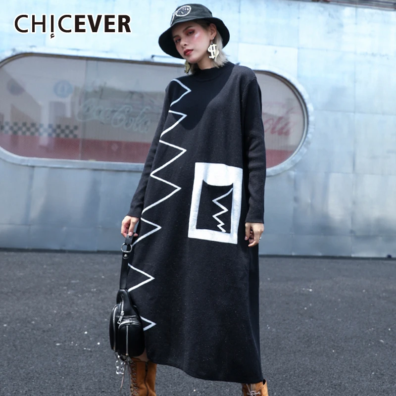 

CHICEVER Print Striped Hit Color Knitted Dresses Women O Neck Long Sleeve Oversize Loose Midi Dress Female Spring Clothes 2020