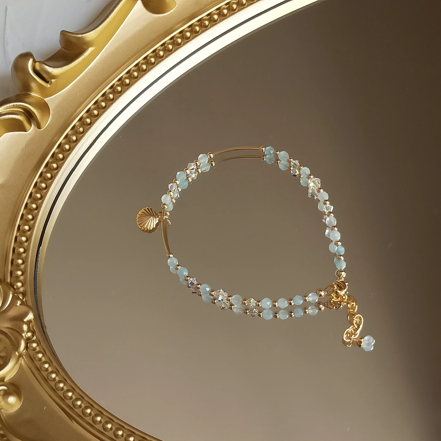 

Lii Ji Aquamarine Crystal 14K Gold Filled Shell Charm Bracelet 17+3cm Natural Gemstone Handmade Delicate Jewelry For Women Gift