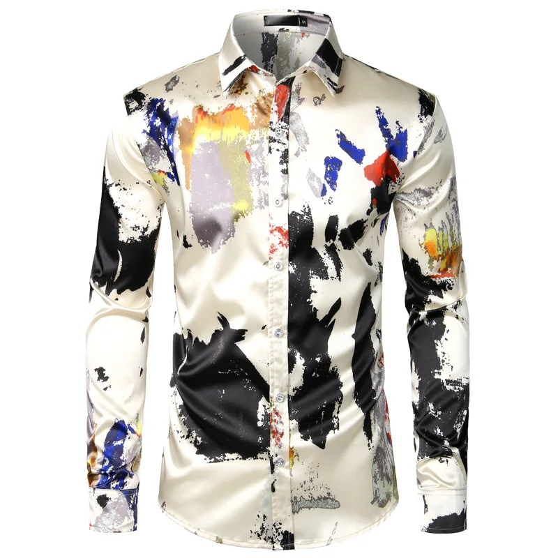 Feather Printed Silk Shirt Men Satin 