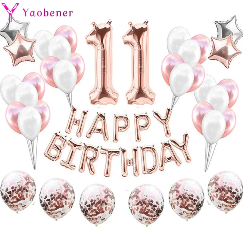 

Rose Gold 11 Birthday Balloons Number Foil Confetti Helium Globos Boy Girl Party Decorations 11th Years Old Anniversary Supplies