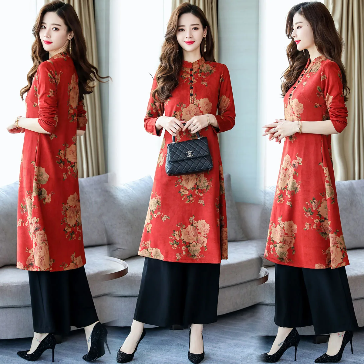 Этническая женская одежда Осень утягивающий Ретро улучшенный cheongsam платье брюки набор из двух частей костюм