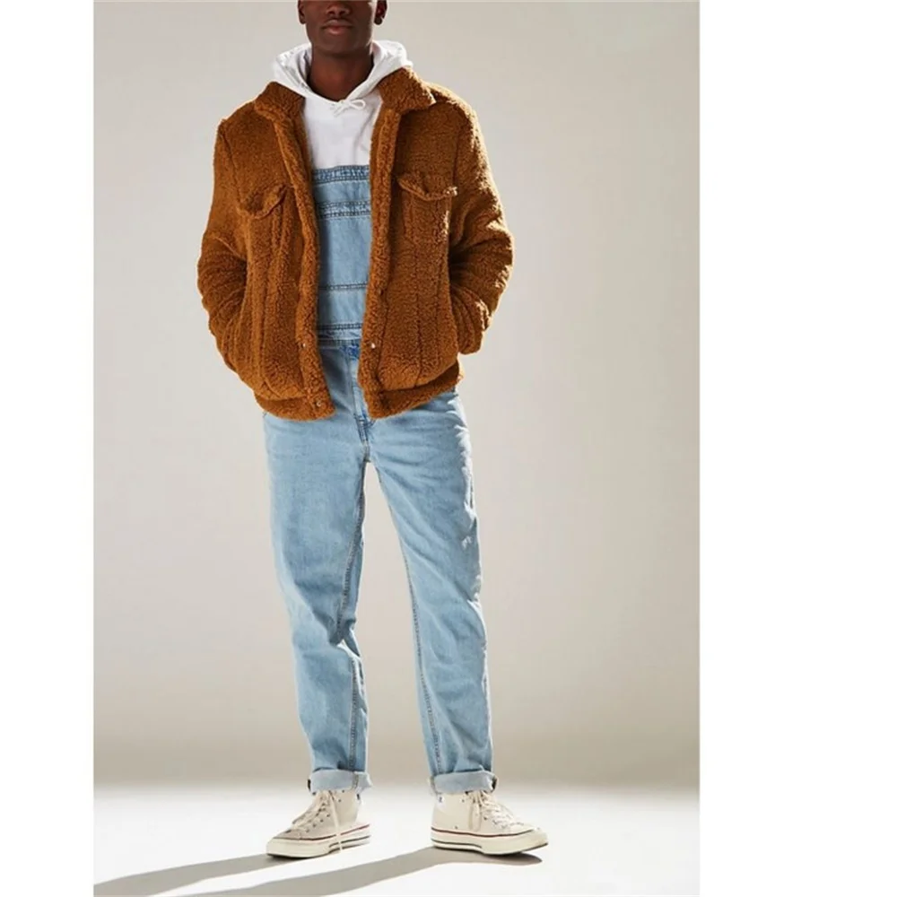 EH·MD® Sling One-Piece Jeans Men's Seasonal Large Chest Pockets Can Be Matched With Belts Pure Cotton Sky Blue Stretch Straight