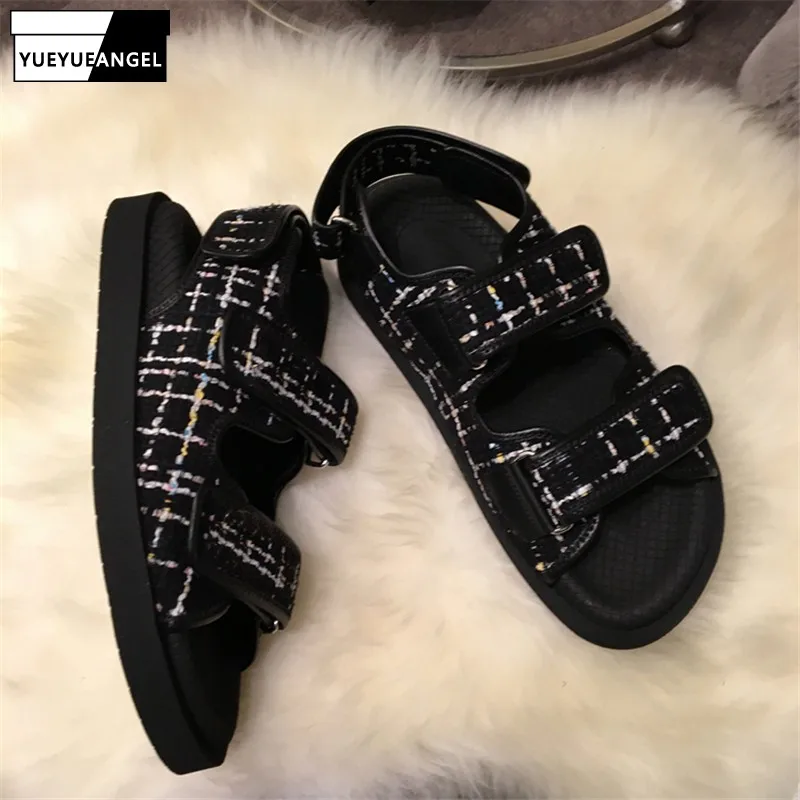 

Boyfriend Style Women Summer Hook Loop Platform Sandals Open Toe Tweed Beach Sandals Flats Streetwear Ankle Strap Leisure Shoes