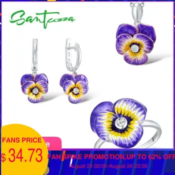 

Santuzza Jewelry Set HANDMADE Enamel Purple Flower CZ Stone Ring Earrings Pendent Necklace 925 Sterling Silver Women Jewelry Set
