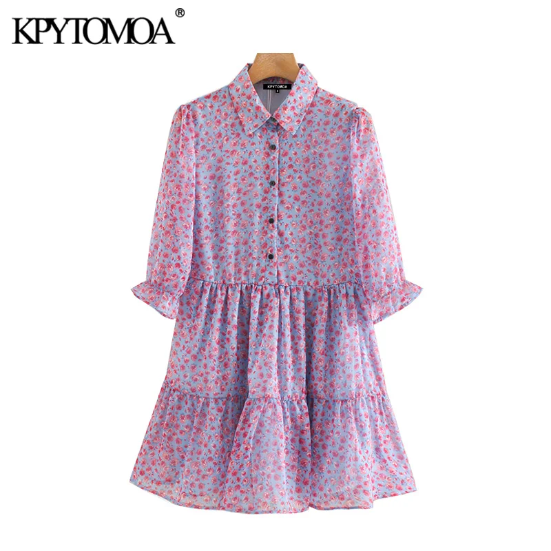 KPYTOMOA Women 2020 Sweet Fashion Floral Print Ruffled Mini Dress Vintage Lapel Collar Short Sleeve Female Dresses Vestidos