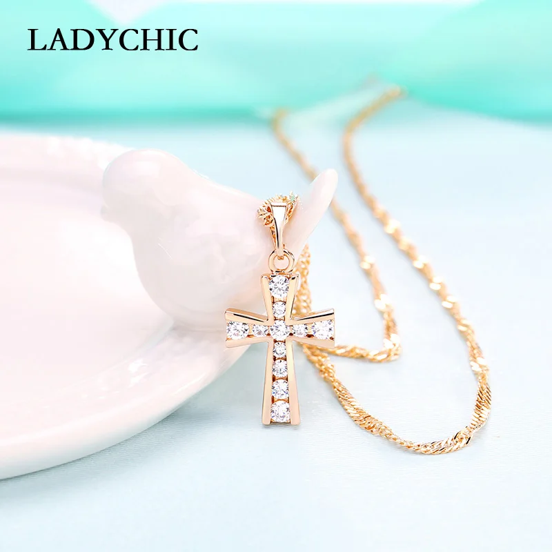 LADYCHIC элегантный циркониевый Крест Подвеска золотой цвет христианский Иисус