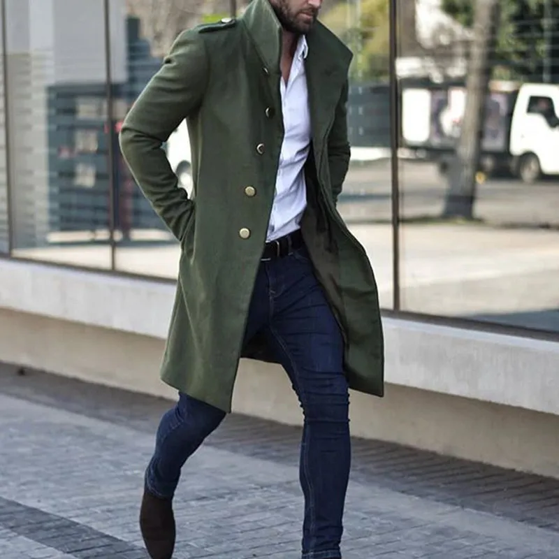 Gabardina de estilo inglés para hombre, otoño Chaqueta larga de 2020, abrigo informal liso de una sola botonadura, prendas de vestir ajustadas de gran tamaño