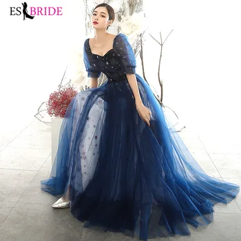 

Elegant Tulle Evening Dresses ES3149 A-Line Square Collar Short Sleeve See-Through Evening Party Gowns Robe De Soiree 2020