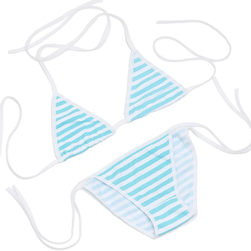 Anime Miku Kawaii Mini Bikini Cosplay Blue White Striped Micro Bikini Swimming Suit for Women Tie Side Swimsuit Set