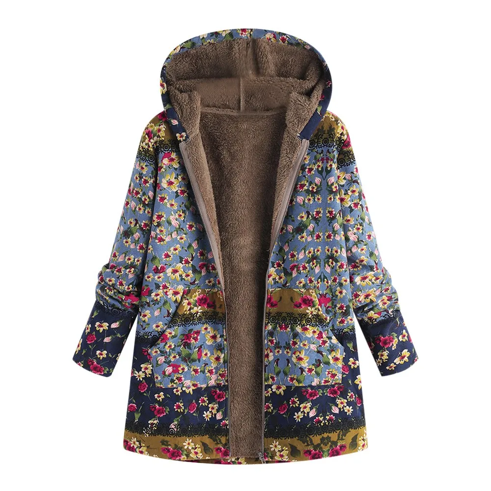 Women Jacket Hooded Coats Floral Print Hooded Pockets Winter Outwear Fleece Fur Warm Vintage Oversize Coats Women Parkas