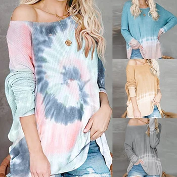

Tie-Dye Printed Sweatshirts Long Sleeve Off Shoulder Pullover Hoodie Casual O-Neck Loose Tops