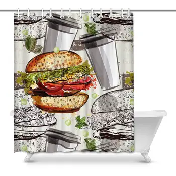 

Funny Food Hamburgers and Mugs on a Grunge Back Decor Waterproof Polyester Bathroom Shower Curtain Bath Decorations with Hooks,