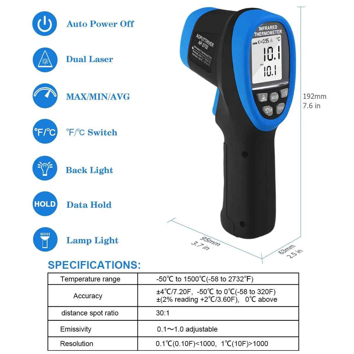 Inkbird Infrared Thermometer(Not for Human) 16:1 DS Rate Laser Grip  -50℃～750℃ Non-Contact Digital Temperature Gun with Alarms