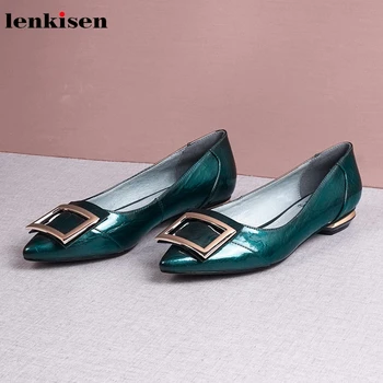 

Lenkisen new full grain leather low heels pointed toe gentle simple style slip on solid metal decorations autumn women shoes L15