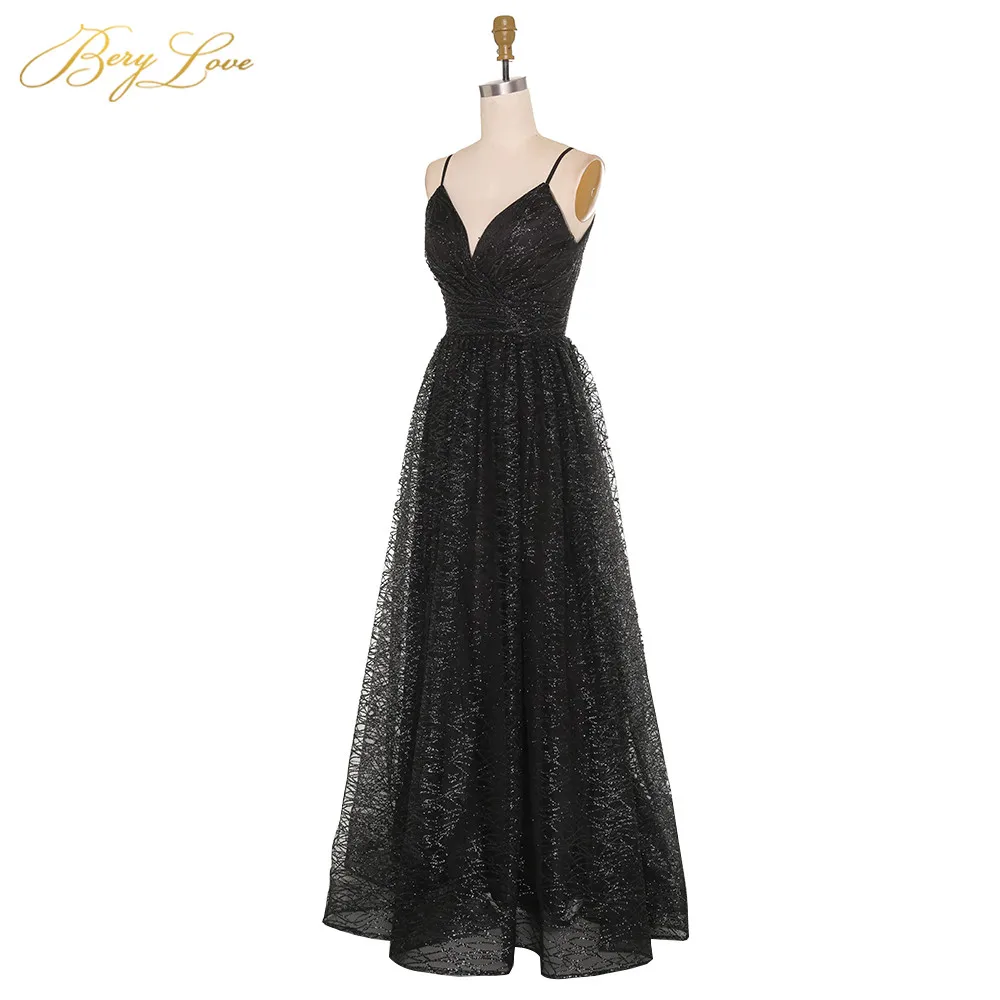 BeryLove, сексуальное черное вечернее платье с блестками,, на тонких бретелях, вечернее платье, v-образный вырез, для формальной вечеринки, с разрезом, платье для выпускного вечера, robe de soiree