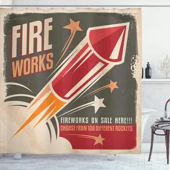 

Vintage Decor Collection, Retro Fireworks in Vintage Paper with Stars Rockets Western Halloween Illustration, Polyester Fabric