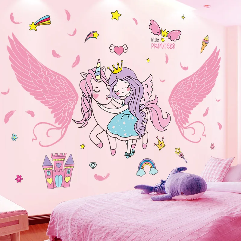 

[shijuekongjian] Cartoon Girl Unicorn Wall Stickers DIY Feather Wings Wall Decals for Kids Bedroom Baby Room Home Decoration
