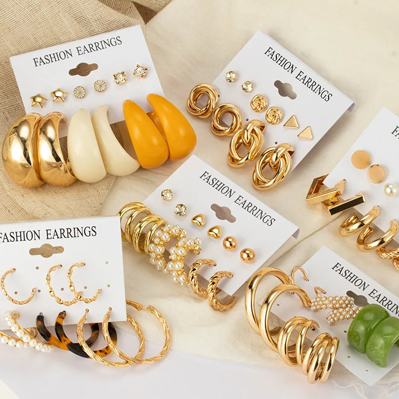 Fashion Women's Earrings Pearl Metal Geometric Earrings Set For