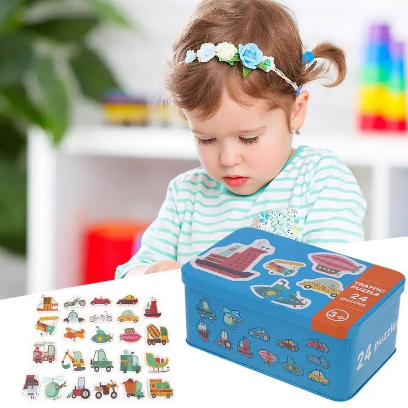 1set Baby Kids Cognition Puzzles Toys Wooden Cartoon Cognition Puzzles Toys Baby Iron Box Cards Matching Education Game