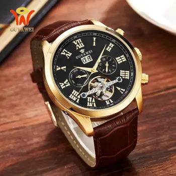 

OUYAWEI luxury Automatic Mechanical Mens Watch Fashion Calendar Men Wristwatches leather Band Casual Analog Tourbillon Watch