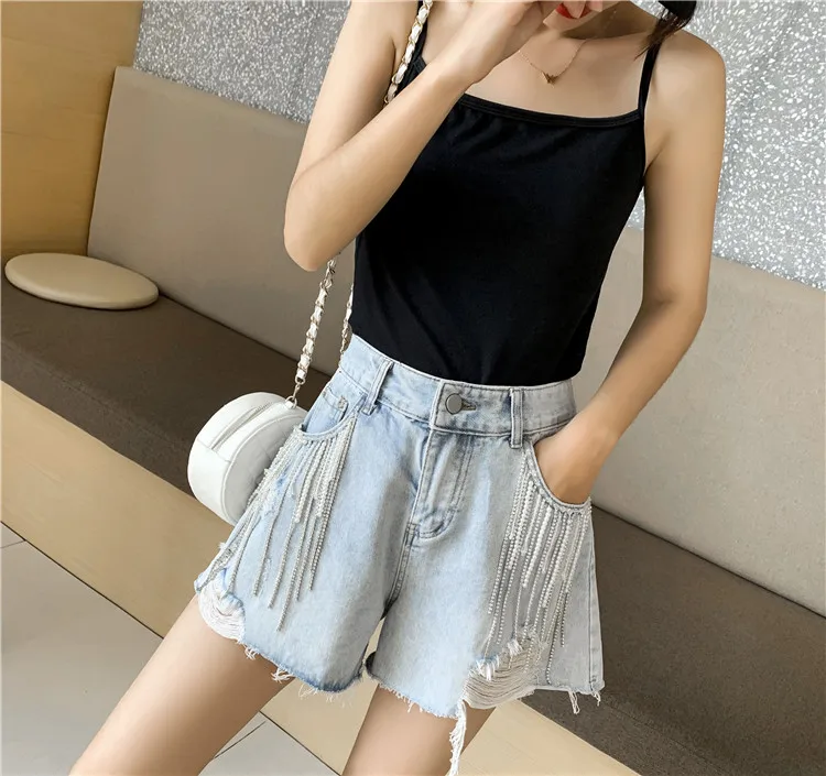 Women Jeans Spring Summer Short Chain Fringed Pants Slim Heavy High Waist Denim Sexy korean Harajuku Casual Shorts denim Jeans - Цвет: picture color