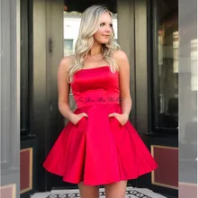 Vestido De Formatura, без бретелек, платья для выпускного вечера, мини-выпускные платья, корсет на спине, ТРАПЕЦИЕВИДНОЕ атласное короткое платье для выпускного вечера с карманами