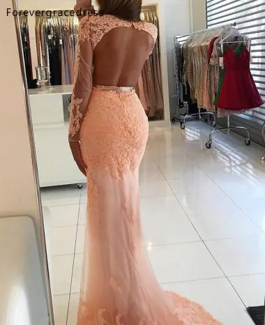 2017 Blush Pink Vintage Long Sleeves Prom Dresses Sexy Keyhole Backless Lace Appliqued Party Evening Gowns Sheer Illusion Crew Neck Long  119 (4)