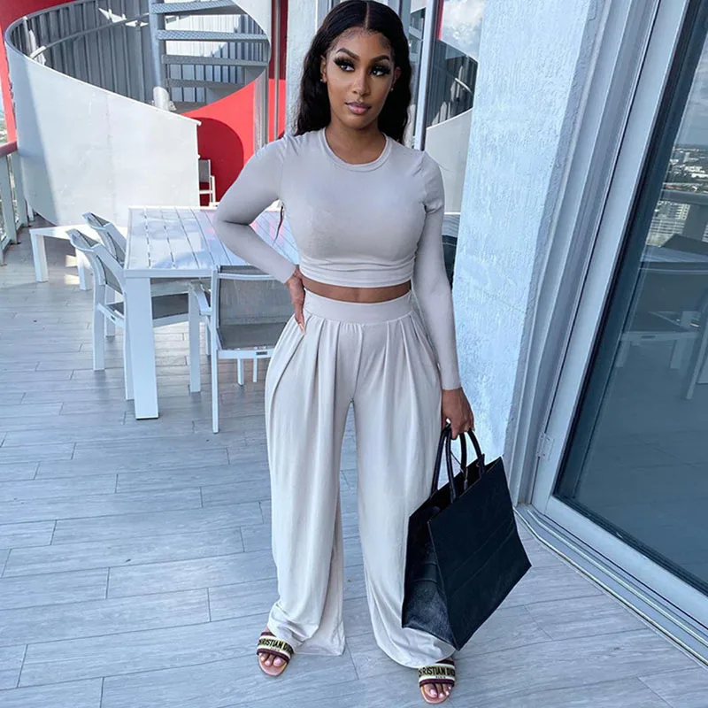 

Casual Two Piece Set Fall Clothes for Women Matching Sets Bodycon Crop Top and Wide Leg Pants Suits Lounge Wear 2 Piece Outfits