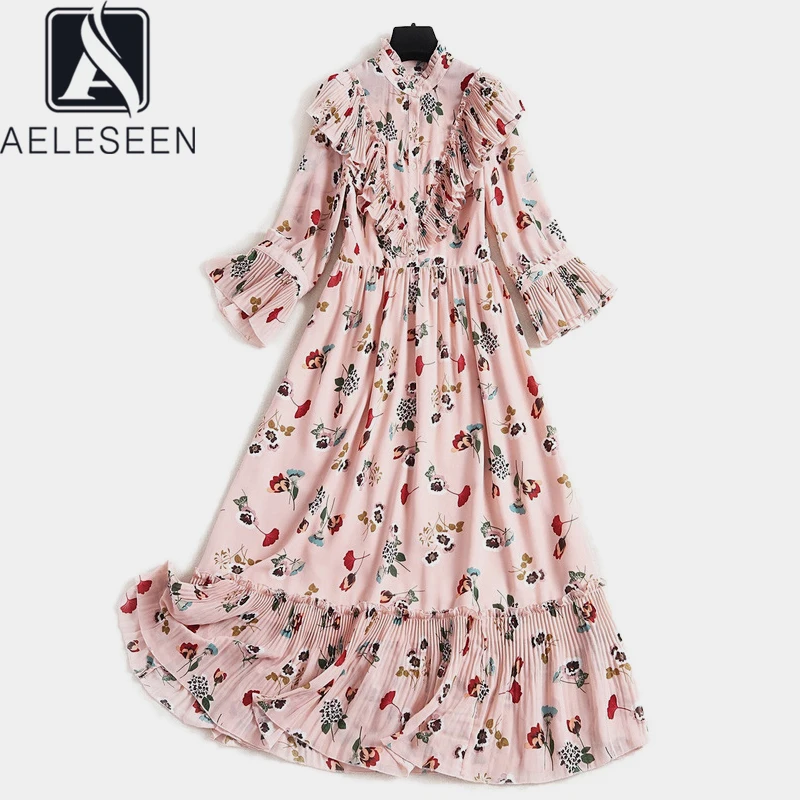 AELESEEN, Пляжное модное женское платье,, высокое качество, 3/4, рукав-клеш, оборки, цветочный принт, плиссированное, лоскутное, розовое, длинное платье