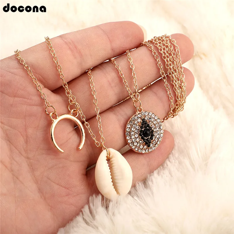 

Docona Beach Boho Chain Gold color Chain Sea Shell Moon Crystal Eye Multi Layer Necklace for Women Choker Jewelry Gift A35406