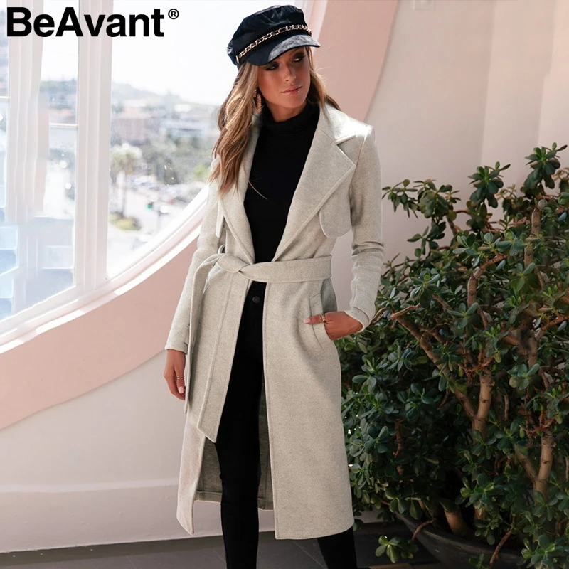 BeAvant элегантный Пояс шерстяное пальто для женщин с длинным рукавом осень зима шерстяное пальто уличная Женская длинная твидовая куртка - Цвет: Бежевый
