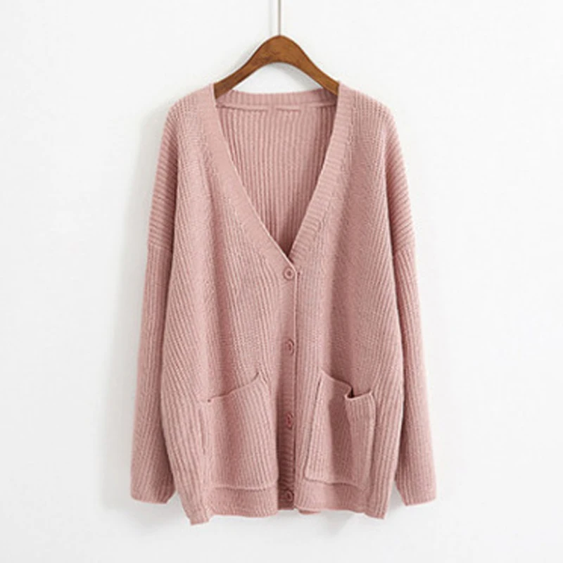 Женский Осенний вязаный кардиган, однобортный Повседневный свободный свитер на пуговицах, верхняя одежда, однотонный Розовый Бежевый женский свитер
